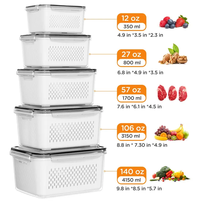 5 Pack Fridge Organizers with Colander, BPA-Free