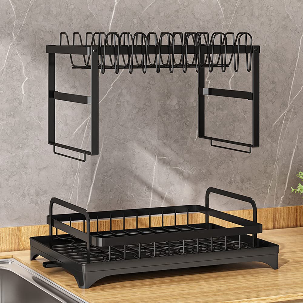 2-Tier Expandable Dish Drying Rack, Foldable Carbon Steel Kitchen Counter Organizer with Pull-Out Drainboard.