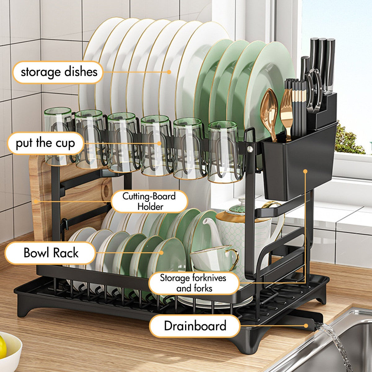 2-Tier Expandable Dish Drying Rack, Foldable Carbon Steel Kitchen Counter Organizer with Pull-Out Drainboard.