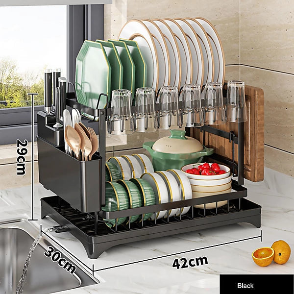 2-Tier Expandable Dish Drying Rack, Foldable Carbon Steel Kitchen Counter Organizer with Pull-Out Drainboard.