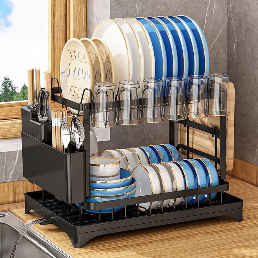 2-Tier Expandable Dish Drying Rack, Foldable Carbon Steel Kitchen Counter Organizer with Pull-Out Drainboard.