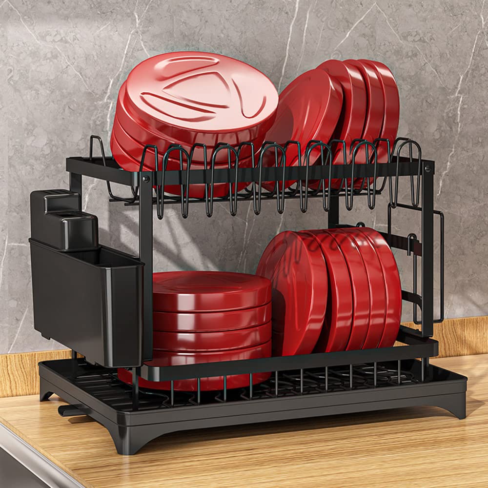 2-Tier Expandable Dish Drying Rack, Foldable Carbon Steel Kitchen Counter Organizer with Pull-Out Drainboard.