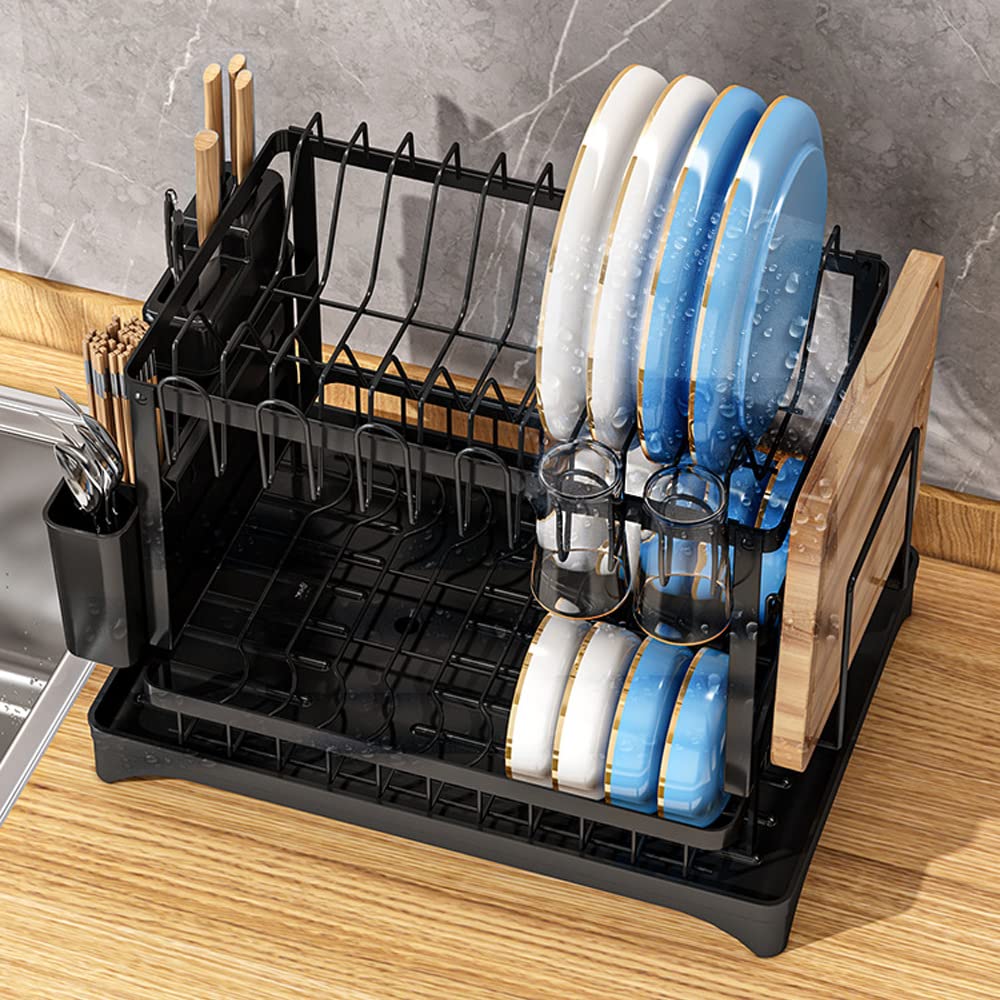 2-Tier Expandable Dish Drying Rack, Foldable Carbon Steel Kitchen Counter Organizer with Pull-Out Drainboard.