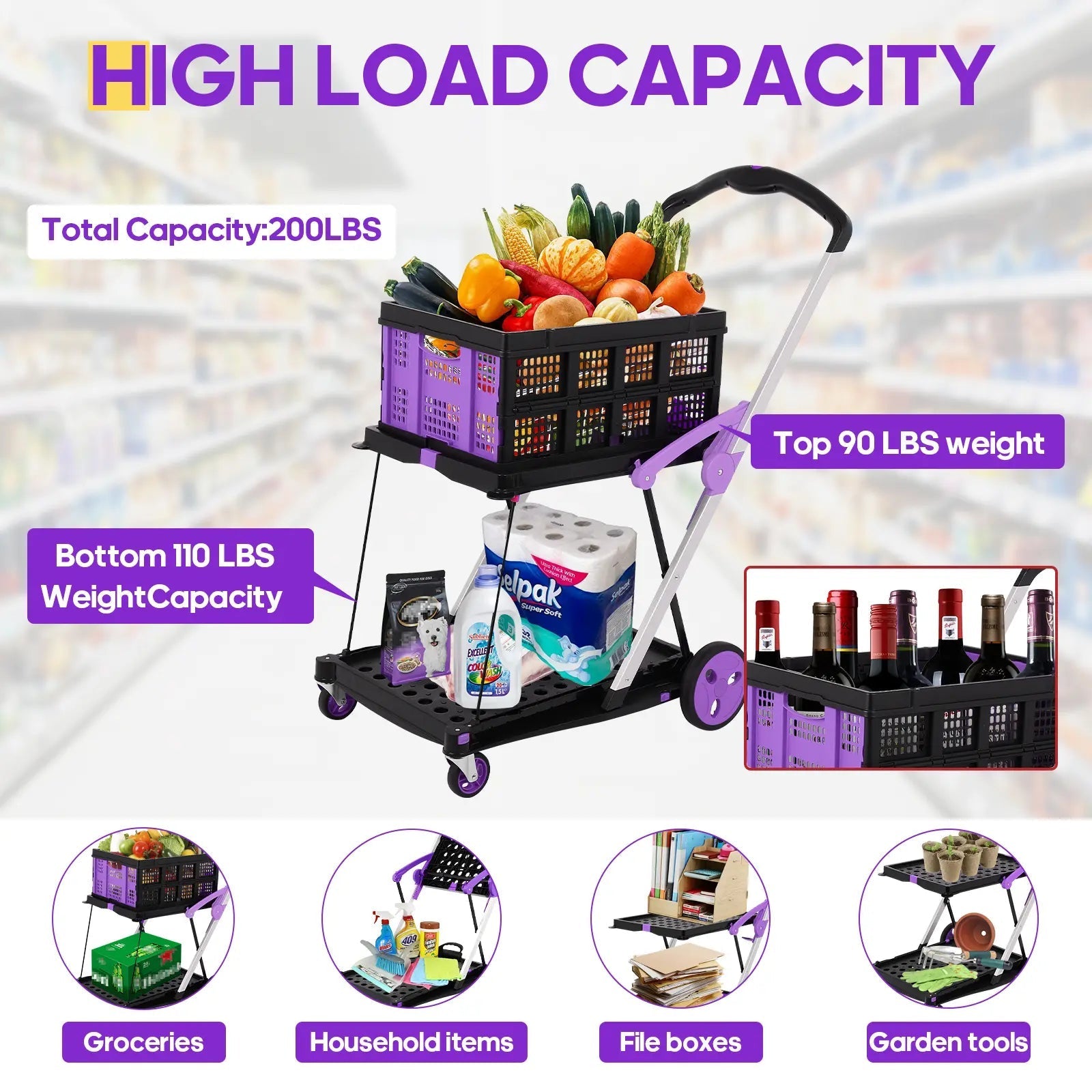 Foldable Multi-Basket Trolley Cart