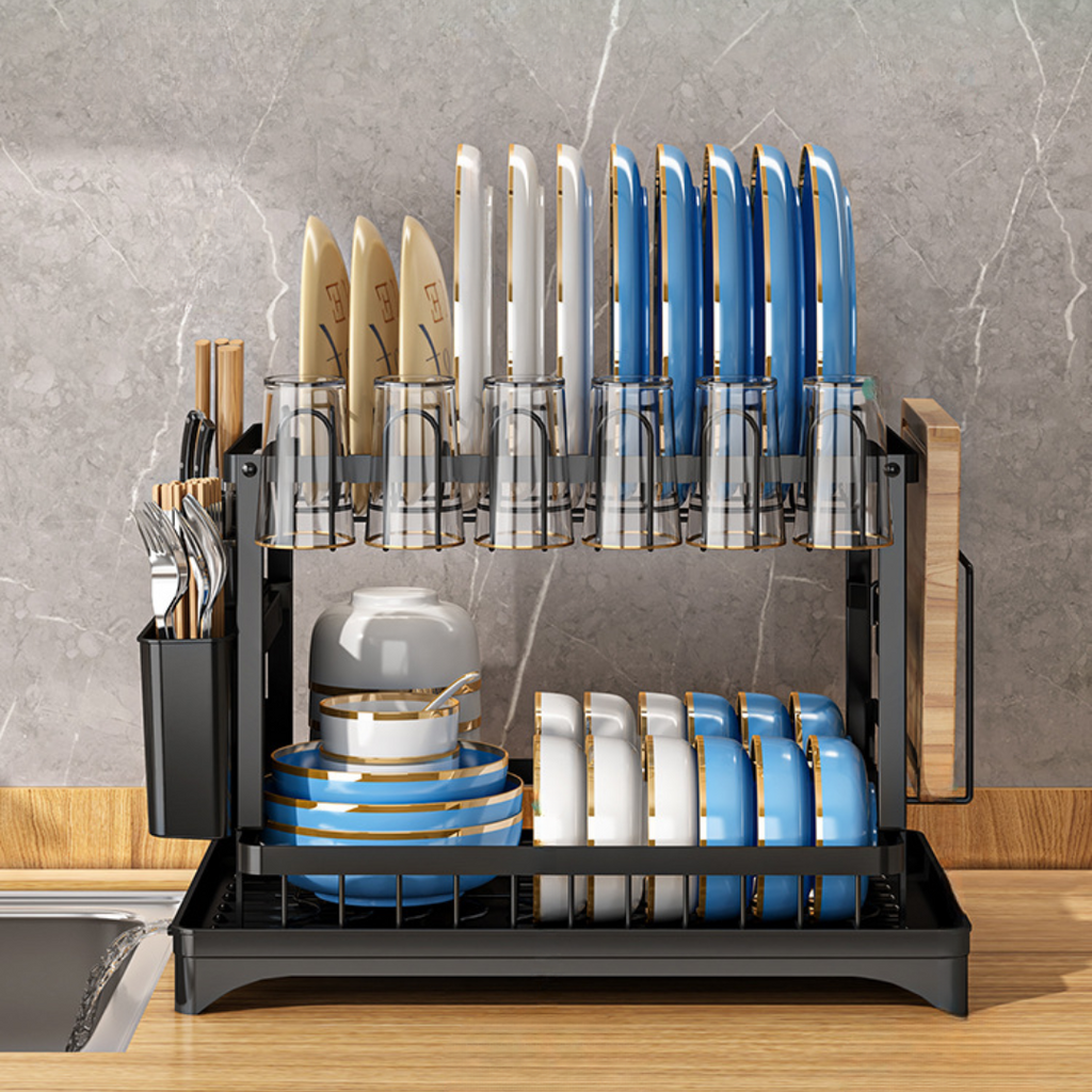 2-Tier Expandable Dish Drying Rack, Foldable Carbon Steel Kitchen Counter Organizer with Pull-Out Drainboard.