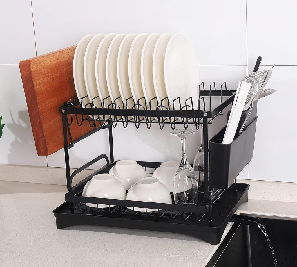 2-Tier Expandable Dish Drying Rack, Foldable Carbon Steel Kitchen Counter Organizer with Pull-Out Drainboard.